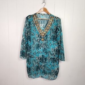 Sahiba Blue Tunic 3/4 Sleeves Swim Cover-Up Top Beaded Boho Bohemian Beach